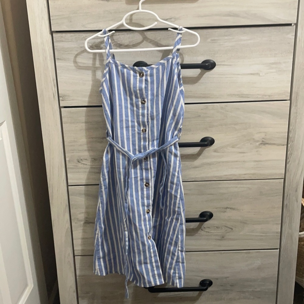 blue and white striped button dress